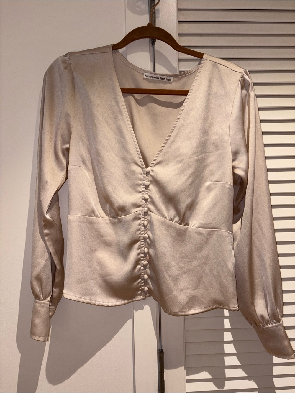 Abercrombie & Fitch Ivory Satin V-Neck Button-Front Blouse